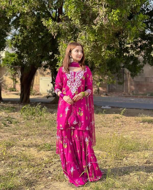Pink Embroidery & Printed sharara (2.Pcs)