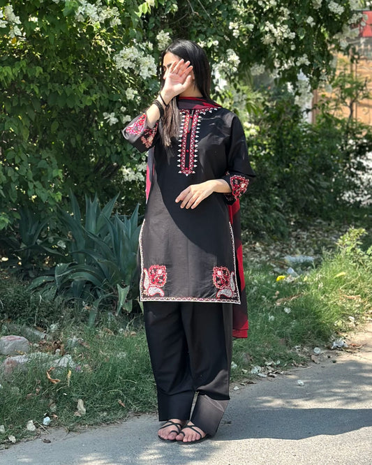 Black Charm (Embroidery 3.Pcs with Farshee Shalwar)