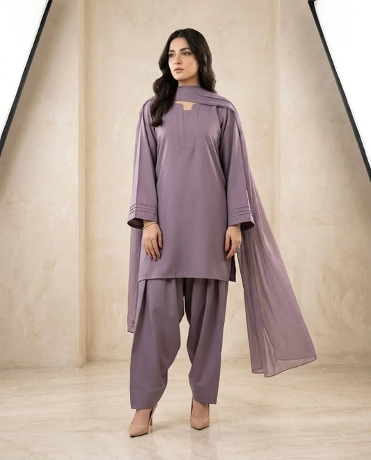 Soft Plum (Embroidery 3.PCs with Farshee Shalwar)