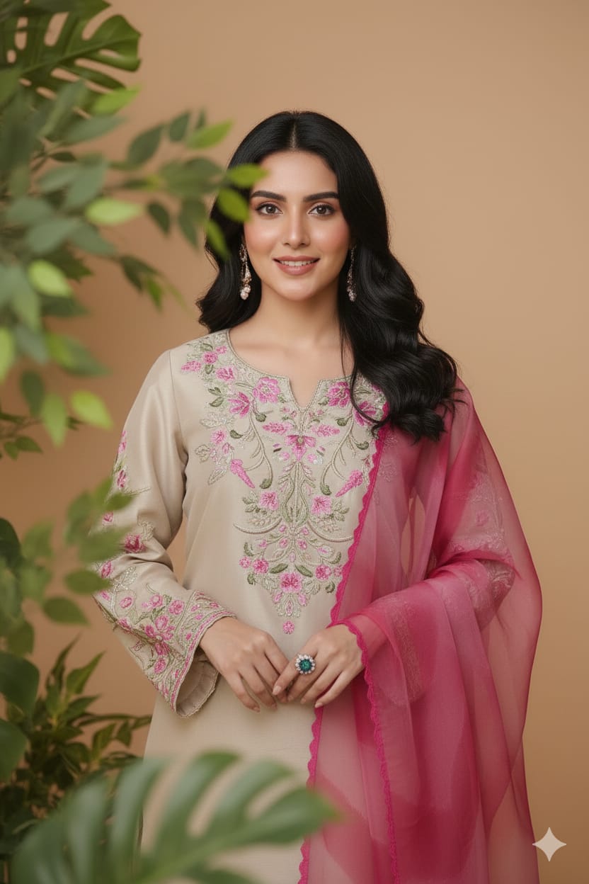 Pink Pulse {Embroidery 3.Pcs with Farshee Shalwar}