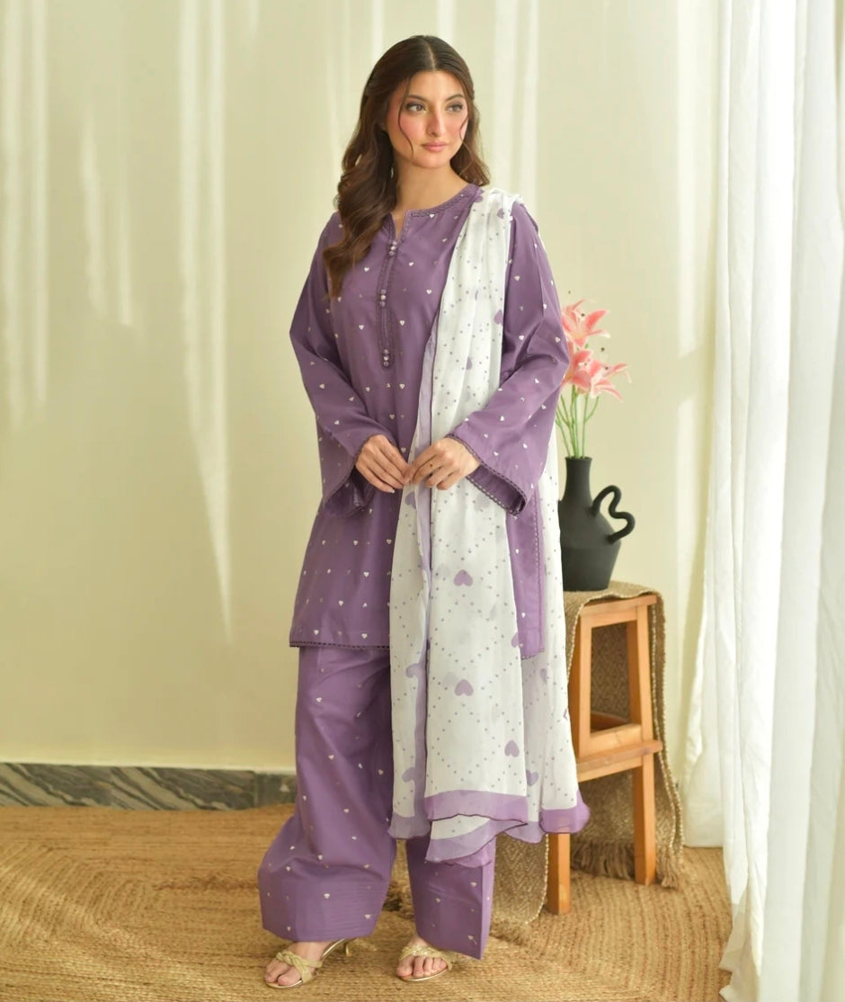 Purple Hearts (Embroidery 3.Pcs with Farshee Shalwar)