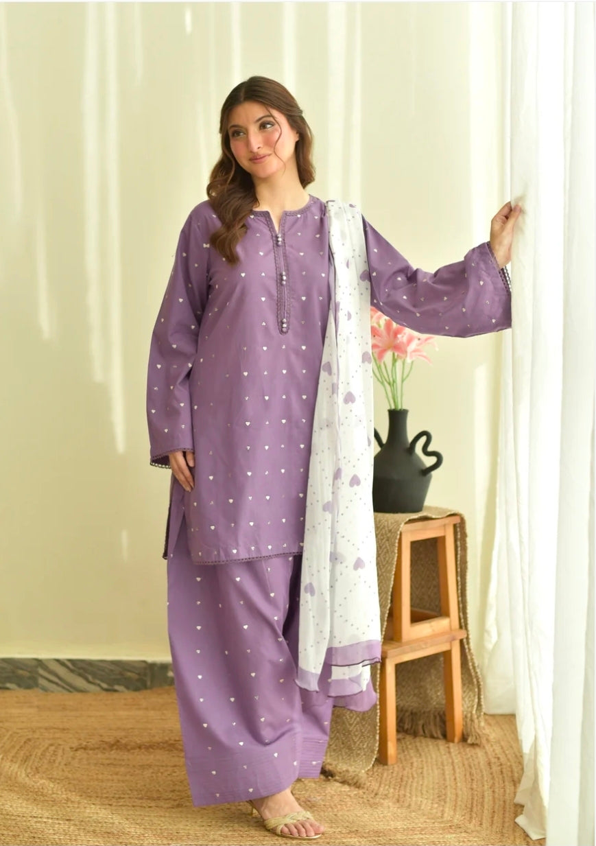 Purple Hearts (Embroidery 3.Pcs with Farshee Shalwar)