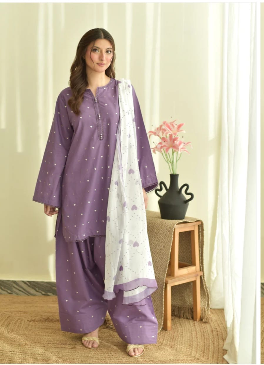 Purple Hearts (Embroidery 3.Pcs with Farshee Shalwar)