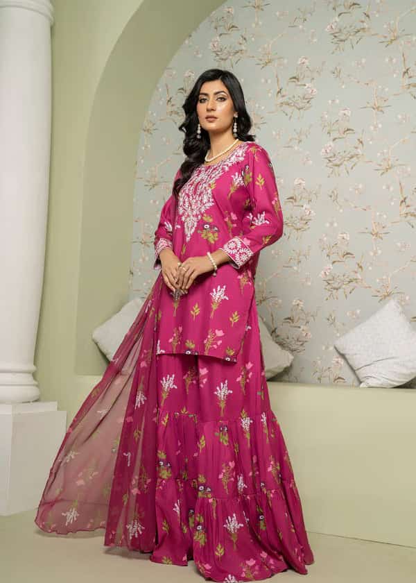 Pink Embroidery & Printed sharara (2.Pcs)